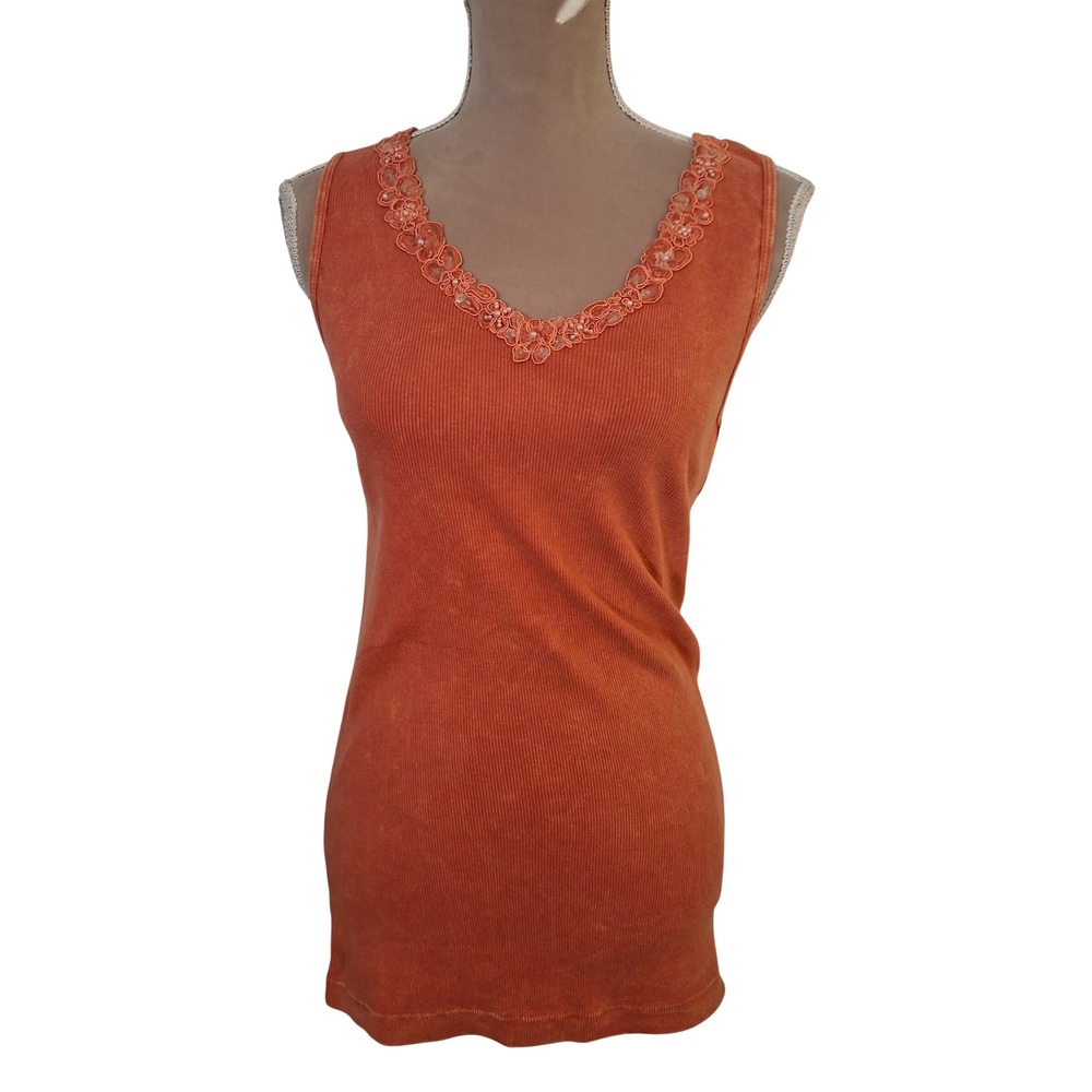 Xcit Moda Orange Ribbed Lace Pearl V-Neck Tank Top XL Made in USA NWT Scoop Neck